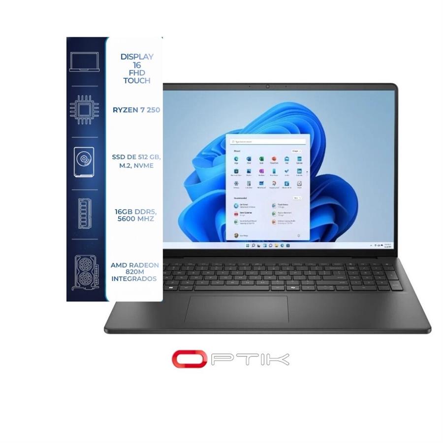 Notebook Dell 16 LDC16255-A087BLK-PUS AMD Ryzen 7 250 Pantalla Touch FHD 16" / 16GB de RAM / 1TB SSD / Win11Home