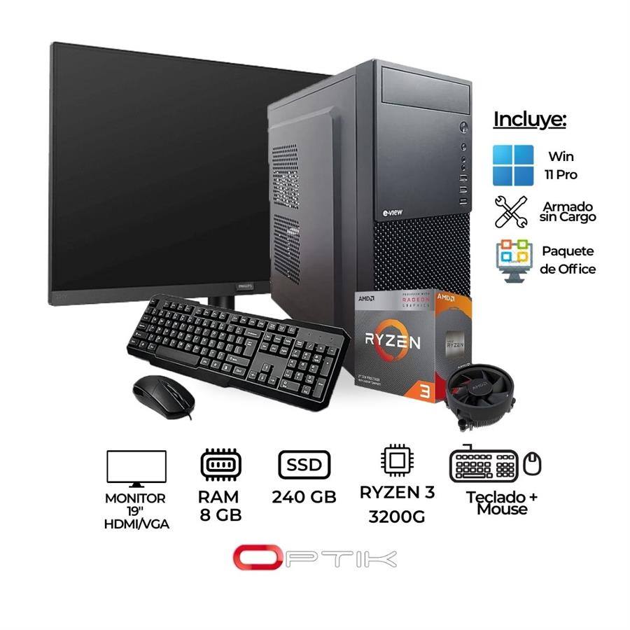 COMPUTADORA - PC AMD - RYZEN 3 3200G - 8GB RAM - SSD 240GB - Win 11 + MONITOR 19"