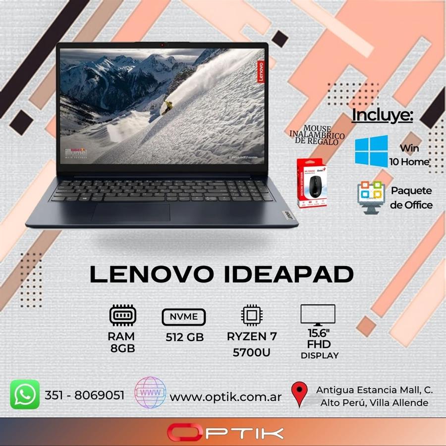 Notebook Lenovo IDEAPAD AMD RYZEN 7 5700U/8GB/512GB SSD/15.6" FHD /W10