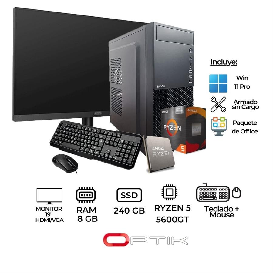 COMPUTADORA - PC AMD - RYZEN 5 5600GT - 8GB RAM - SSD 240GB - Win 11 + MONITOR 19"