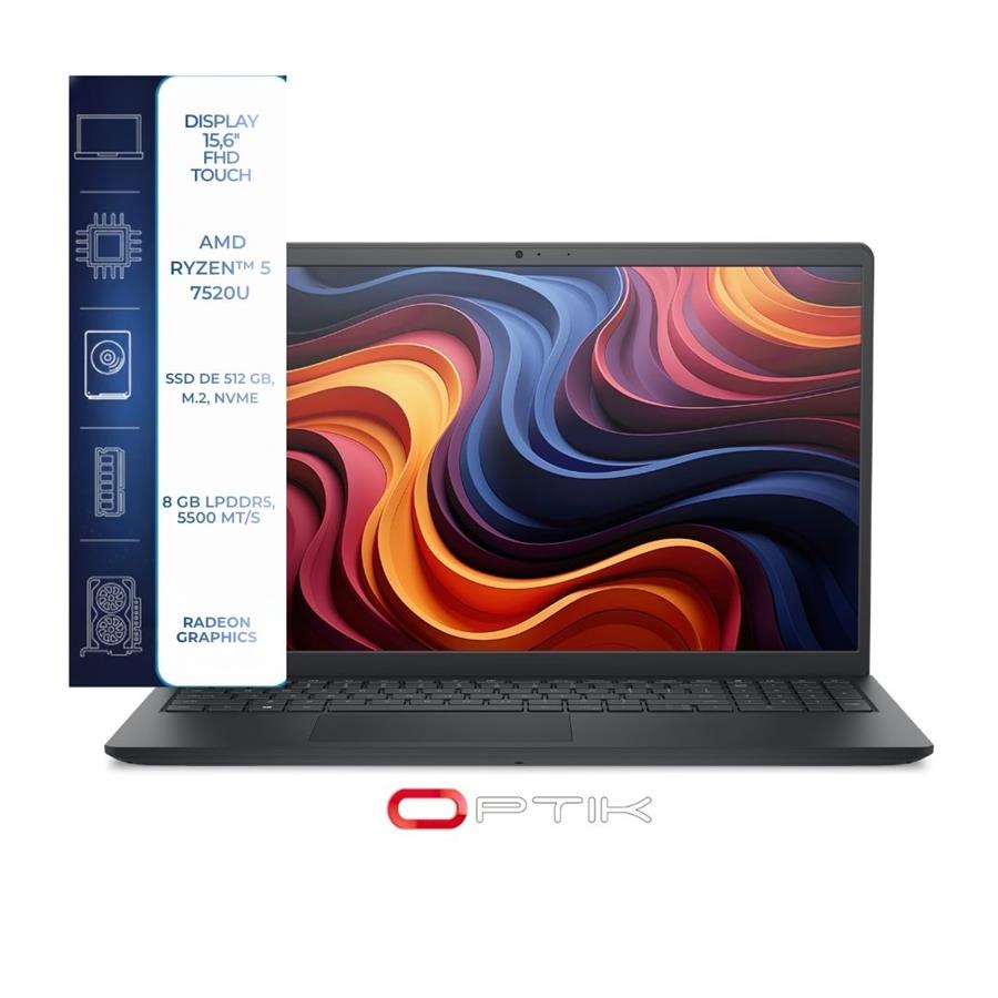 Notebook Dell 15 LDC15255-A261BLK-PUS AMD Ryzen 5 7530U Pantalla Touch Full HD 15.6" / 8GB de RAM / 1TB SSD / Win11Home